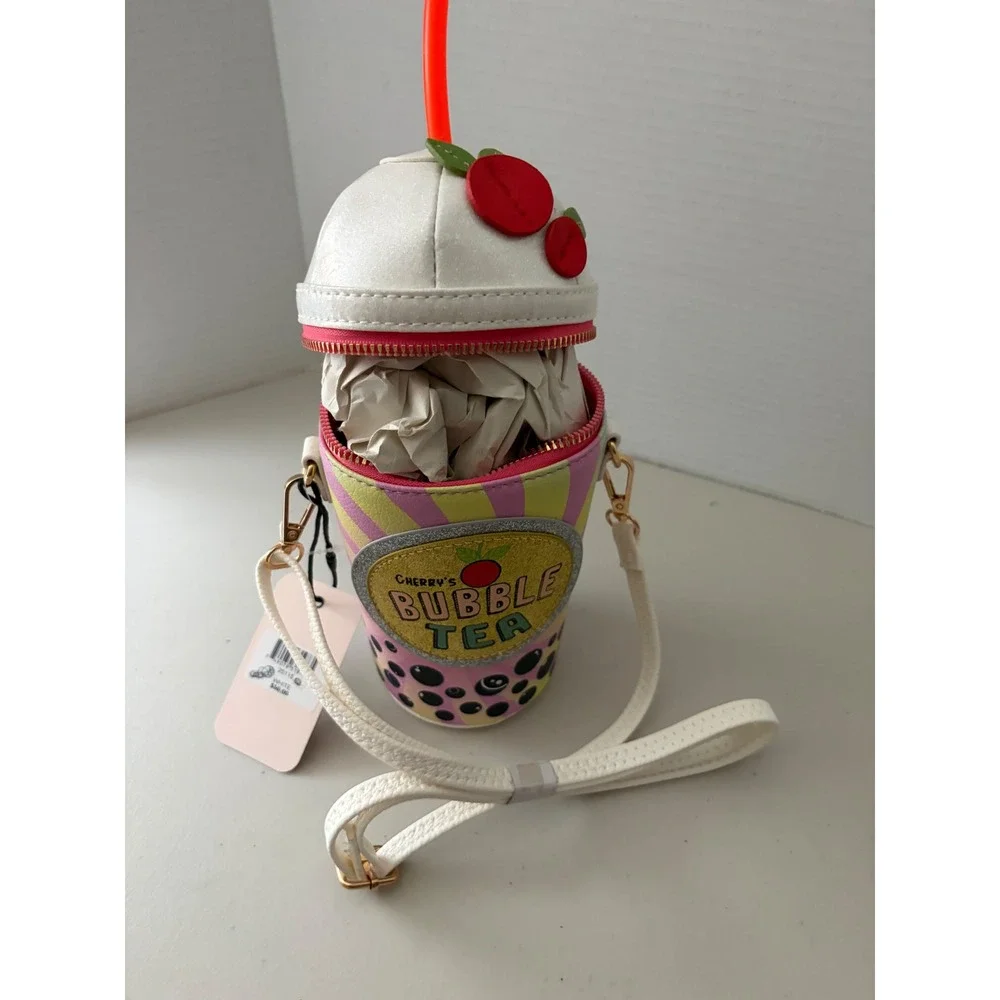 Mon Cheri NYC Cherry Bubble Tea Crossbody Bag Novelty Boba Cup Purse White Pink